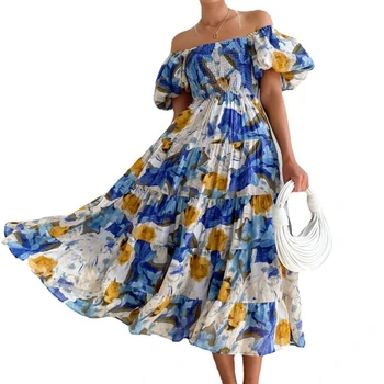 Сексуальное Летнее платье с вырезом лодочкой, женское Длинное платье с цветочным принтом, Элегантные Свободные вечерние платья 2023