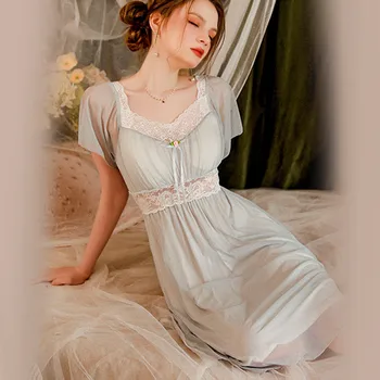 Сексуальная кружевная женская ночная рубашка с квадратным воротником, ночная рубашка, атласная летняя пижама, ночное белье, ночная рубашка, одежда для отдыха