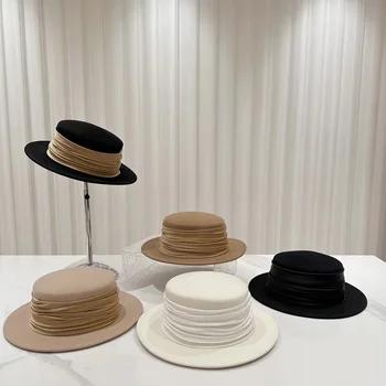 Новые осенне-зимние фетровые шляпы с плоским верхом для женщин, джазовая кепка из 100% шерсти, Элегантные британские женские кепки с широкими полями, котелок, Роскошная фетровая шляпа