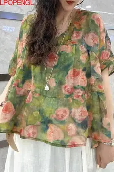 Новая летняя женская рубашка с V-образным вырезом и отстрочкой 2023 года, нежный топ Mori с цветочным принтом Pure Ramie, уменьшающий возраст.