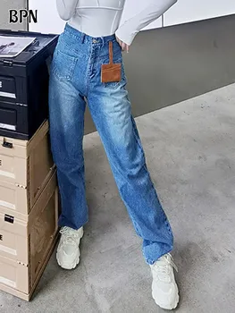 Женские джинсы BPN Minimalist Soild с высокой талией и карманами в стиле пэчворк, повседневные свободные прямые джинсовые брюки Femela Осенняя одежда