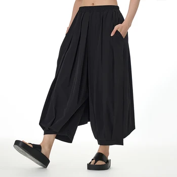 Новые летние женские повседневные широкие брюки, Свободные однотонные брюки большого размера длиной до щиколоток, брюки-кюлоты с эластичной резинкой на талии