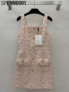SPENNEOOY, летнее дизайнерское розовое платье на бретельках длиной до колен, женское платье трапециевидной формы с воротником в одно слово и карманом на пуговицах