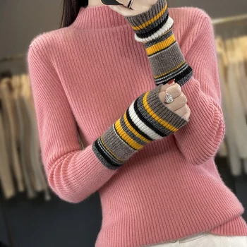 Осенне-зимний женский Новый повседневный пуловер, вязаный из 100% шерсти, мягкий дышащий свитер с высоким воротником до половины, однотонный свитер