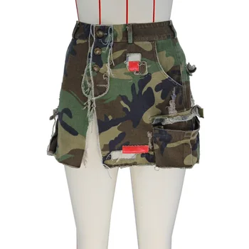 Летняя женская короткая юбка с разрезом, модная юбка с камуфляжными нашивками, одежда для юбок 0