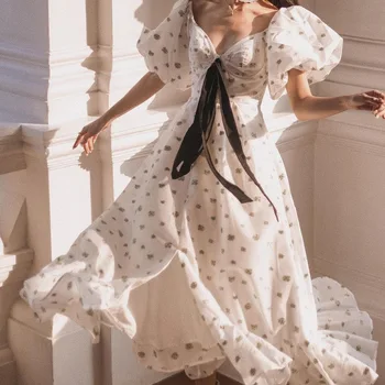 Cinessd 2023, Милое летнее новое черно-белое платье контрастного цвета, элегантное длинное платье с разрезом и цветочным рисунком с V-образным вырезом