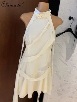 Модное сексуальное шифоновое платье на бретельках с открытой спиной, новинка лета 2023, Элегантное вечернее платье абрикосового цвета со скошенной 3D лентой, женское платье
