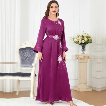 Мусульманское платье Женское с длинным рукавом, расшитое бисером, платье с круглым вырезом, Абайя, кафтаны