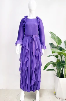 Плиссированное платье с рюшами по краю, Фиолетовое вечернее платье, пояс трапециевидной формы, Длинный рукав, Свободный лацкан, Летняя женская одежда 2023 года.