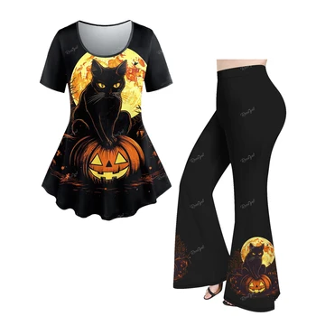 Большие размеры одежды для Хэллоуина, повседневная футболка с принтом или расклешенные брюки, женские топы с 3D-графикой, брюки, соответствующий комплект XS-6X