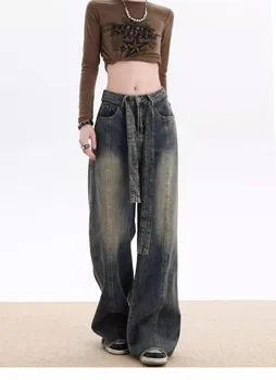Винтажные женские джинсы с высокой талией, прямые мешковатые джинсовые брюки, уличная одежда, модные широкие джинсовые брюки Y2K в американском стиле