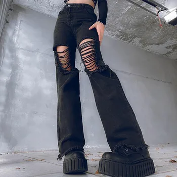 Новая мода, поперечная цепочка с отверстиями по бокам, выдалбливают широкие джинсы, женские джинсы с высокой талией, уличная одежда, эстетичные брюки в стиле готический панк