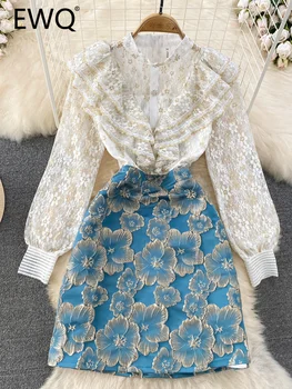 Женское платье EWQ Sweet Style с кружевными оборками-стойкой, жаккардовое переплетение в стиле пэчворк, Контрастный цвет, Высокая талия 2023, Осенние новые платья 2062