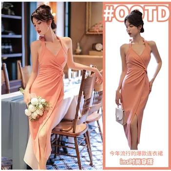 2023 Новый китайский стиль, восстанавливающий Древние обычаи, Женское платье с разрезом на шее, весенний бутон, шелковое платье из двух частей на красном ремешке