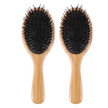 Щетка из кабаньей щетины, 2 шт., щетка для волос с нейлоновыми шпильками, бамбуковая лопатка, щетка для распутывания, придающая волосам блеск ежедневно. 0