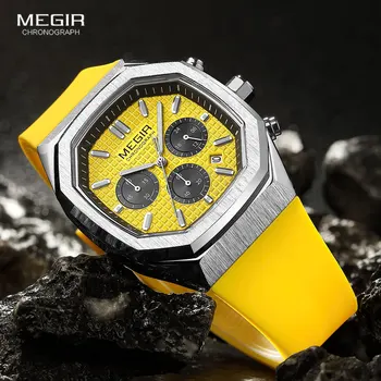 MEGIR Желтые спортивные часы Мужские Военные Спортивные Хронограф Кварцевые наручные часы с восьмиугольным циферблатом даты, светящимися стрелками, силиконовым ремешком