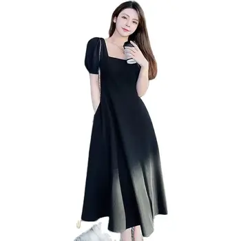 Модные черные платья с квадратным вырезом и вставкой для женщин, новинка лета 2023, универсальное платье средней длины в стиле Хепберн во французском ретро-стиле