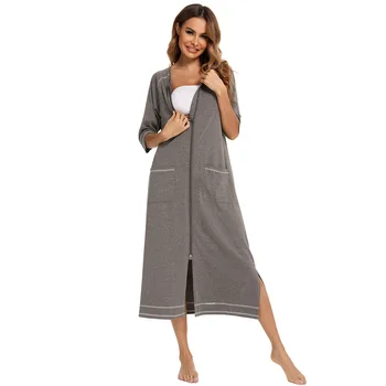 Весенне-осенний халат, женский халат с рукавом три четверти, однотонный Свободный женский халат с карманами на молнии, банный халат для женщин