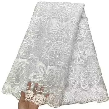 Высококачественный Африканский Нигерийский бисер Кружевная ткань Вышивка Тюль Белое свадебное платье Гипюр Блестки для чистой ткани 5 ярдов