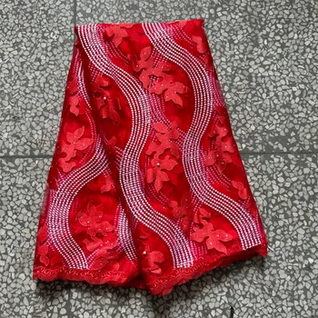 Африканская кружевная ткань 5 Ярдов Швейцарской Вышивки 2024 Красный Французский Шнур Кружевная Ткань Тюль Сетка Для Новобрачных Нигерийские Свадебные Ткани Кружева