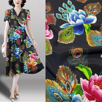 Классическая мода, плотный креп, цветок из павлиньих перьев, Матовая черная шелковая ткань, элитный бренд, Высококачественные дизайнерские Традиционные ткани