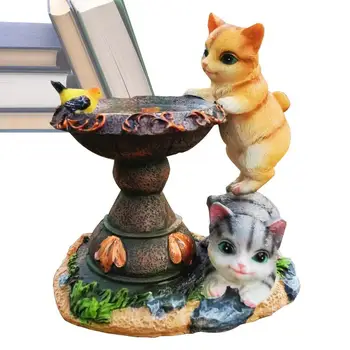 Статуя Садового кота Креативная Солнечная Скульптура Кота со светодиодной подсветкой Декоративный орнамент из смолы на открытом воздухе с двумя Кошками для веранды на лужайке
