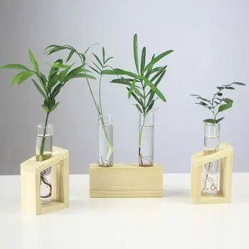 Прозрачная ваза для пробирок с деревянной подставкой Настольные растения Стеклянная ваза Цветочный горшок для украшения дома и сада