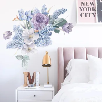 Акварельные наклейки на стену с цветами, ПВХ Самоклеящиеся наклейки на стены Для девочек, Декор для спальни, гостиной, Фиолетовые обои с растительными цветами