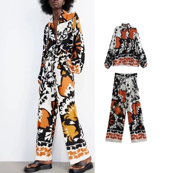 TRAF Woman Комплекты из 2 предметов 2023, Новые Модные рубашки с принтом, костюм, брюки с эластичной резинкой на талии, повседневный Свободный комплект из двух предметов, женская одежда