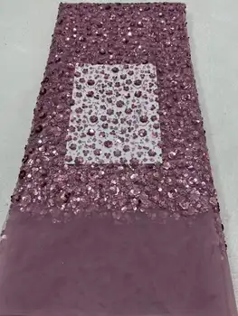 2023 Высококачественная Африканская кружевная ткань розовые блестки Сетчатое кружево Франция Роскошные бусины 3D Вышитый Тюль Кружевная ткань для шитья
