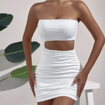Женское сексуальное мини-платье без рукавов с открытой спиной, белые открытые вечерние Плиссированные облегающие короткие платья