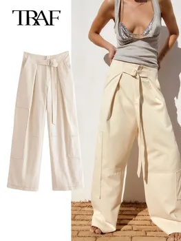 TRAF Pant, женские летние винтажные Свободные брюки, модные широкие брюки с галстуком-бабочкой на молнии