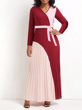LW Бандажный дизайн, плиссированные макси-платья трапециевидной формы со шнуровкой на талии, лоскутное платье в красно-розовых цветовых блоках, элегантные офисные женские платья