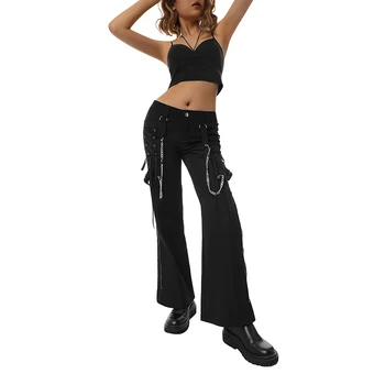 Черные готические уличные брюки-карго E Girl, женская темная академическая одежда с перекрестной завязкой, заниженная талия, широкие брюки в стиле панк