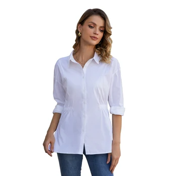 ВЕСЕННИЕ женские рубашки SEON в полоску на пуговицах с карманом, укороченные топы с рукавами 3/4, рубашка с воротником на талии, повседневные блузки