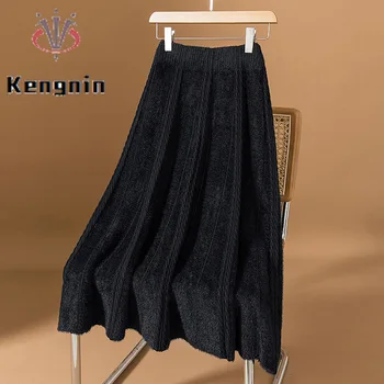 2023 Осенне-зимние женские юбки-свитера, свободные женские трикотажные юбки большого размера, толстые Черные женские юбки, повседневная одежда KE3673