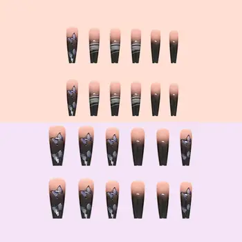 24шт Накладные ногти Градиентного цвета в полоску с рисунком бабочки, полное покрытие накладных ногтей, профессиональные женские Длинные накладки на ногти