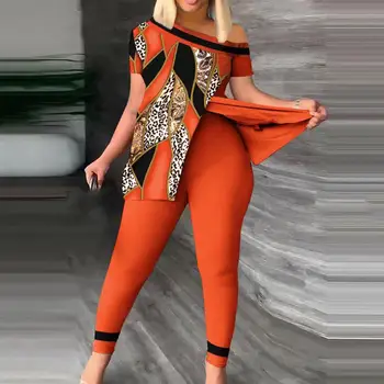 Новая мода 2023, летние повседневные женские комплекты из двух предметов, комплект одежды с контрастным леопардовым принтом, топ и брюки с косым вырезом и разрезом