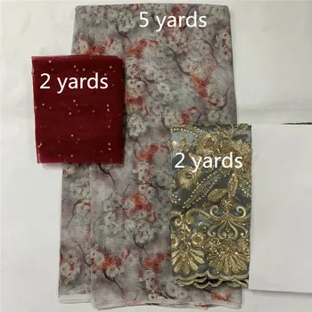 2+5+2 Ярдов мягкой высококачественной хлопчатобумажной кружевной ткани с вышивкой для женских платьев, швейных текстильных материалов, комплект из 3 предметов. 633
