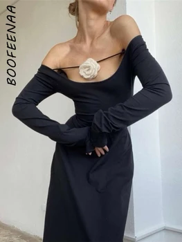 BOOFEENAA/ Черные Платья с 3D Вязаной Цветочной Аппликацией для Женщин 2023, Осеннее Модное Элегантное Платье Макси С Открытыми плечами и Длинным Рукавом C83-CI41 0