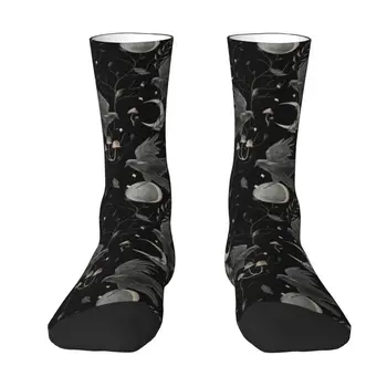 Крутые носки с принтом Ворона и Луны для мужчин и женщин, эластичные летние, осенне-зимние, для Хэллоуина, Жуткие носки для экипажа Ведьмы
