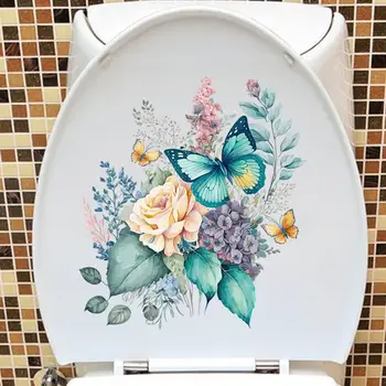 Наклейки для туалета, Акварельные Наклейки на стену с цветочным пионом и бабочкой, Прочный водонепроницаемый Декор для ванной комнаты с самоклеющимся покрытием для туалетов