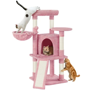 42-дюймовая башня из кошачьего дерева с насестом для квартиры и корзины, розовая