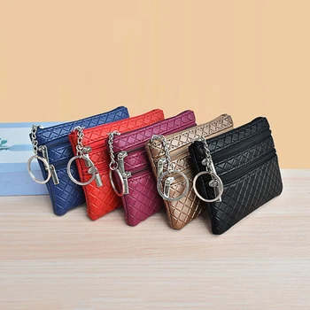 Женский мини-кошелек на двойной молнии, сумка для ключей, модный однотонный кошелек для монет с ромбической решеткой, винтажный простой чехол, держатель для карт и наличных