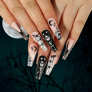 24шт Хэллоуин Черный призрак Длинные балетные накладные ногти с дизайном в виде сердца и крови Хэллоуин Пресс на ногтях Съемное полное покрытие ногтей