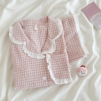 Милая пижама в клетку для женщин, лето 2023, Новые хлопковые шорты с короткими рукавами, женская домашняя одежда из двух предметов