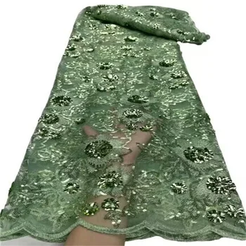 Зеленая Элегантная Африканская кружевная ткань 5 Ярдов, высококачественные блестки, Мягкий Французский тюль, Кружева для женского платья в Нигерийском стиле с 3D цветами.