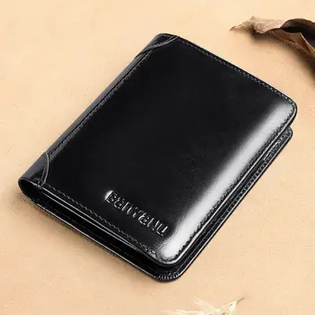 Новый дизайн, RFID мужской кошелек из натуральной кожи, винтажный черный кошелек для мужчин, мини-держатель для карт, мужской короткий кошелек с 3 складками 2