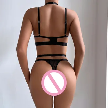 Комплект женского сексуального нижнего белья, перспективное марлевое порно белье, стальное кольцо, собранное на груди, эротический бюстгальтер и трусики, висящие на шее 4