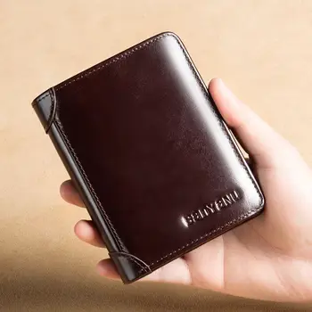 Новый дизайн, RFID мужской кошелек из натуральной кожи, винтажный черный кошелек для мужчин, мини-держатель для карт, мужской короткий кошелек с 3 складками 4